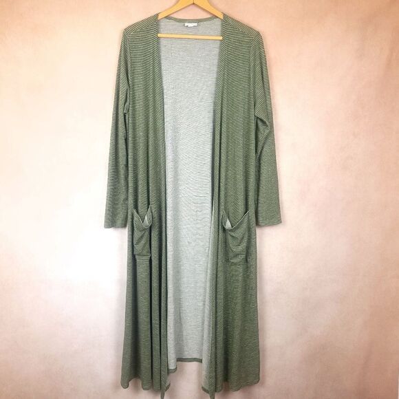 Lularoe Green Striped Long Sleeve Sarah Duster Open Front Cardigan Large - Picture 1 of 6